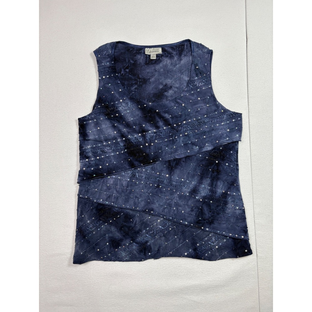 Dressbarn Womens Large Navy Blue Tie Dye Sequin Tiered Sleeveless Tank Top L
